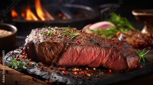 an image of a sizzling barbecue tri-tip steak with a peppery rub photo