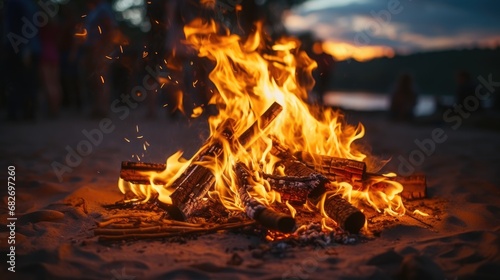 Flaming campfire burns