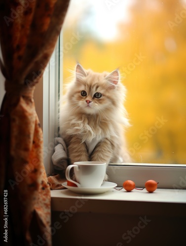 Very cute little kitten sitting on the window sill on the side of the room