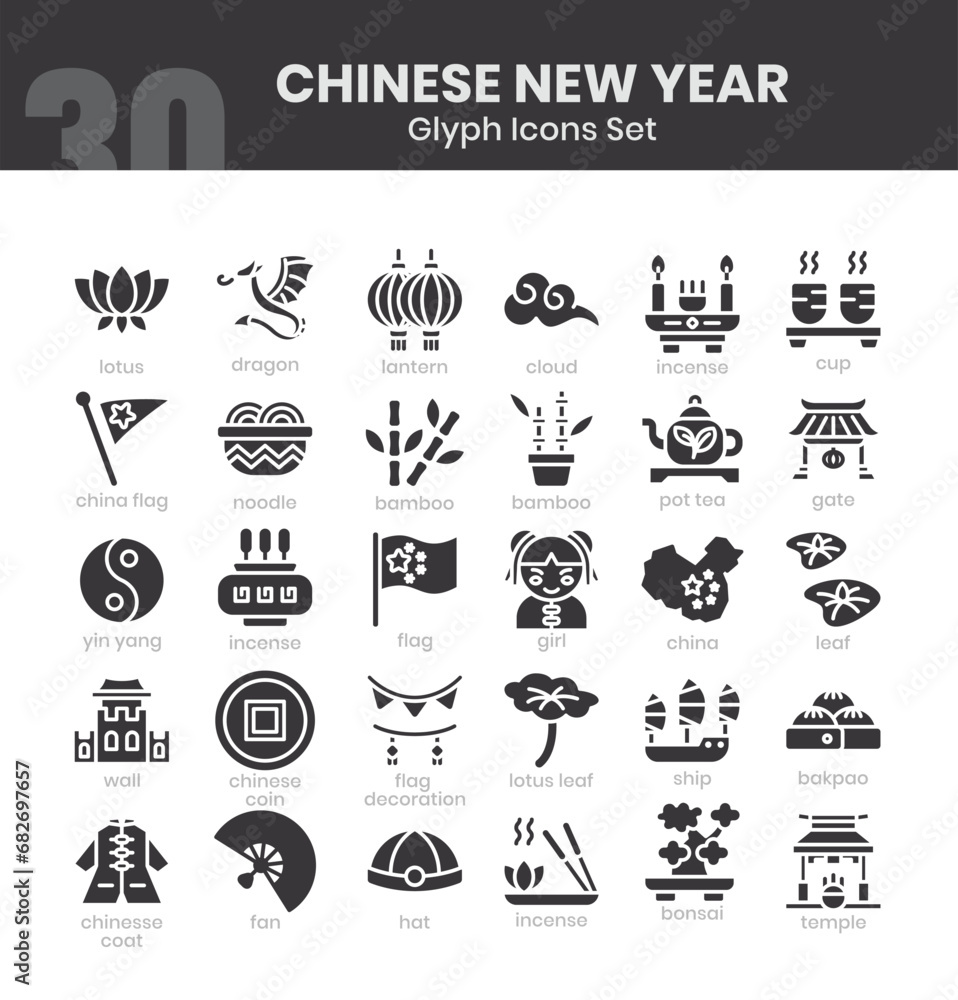Chinese New Year Icons Bundle. Glyph icon style. Vector illustration