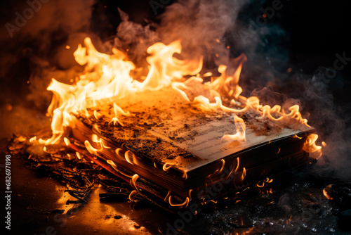 Open books is on fire, pages are engulfed in flames.