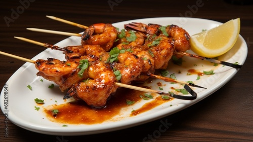 an image of a sizzling barbecue shrimp skewer with a glaze of garlic butter