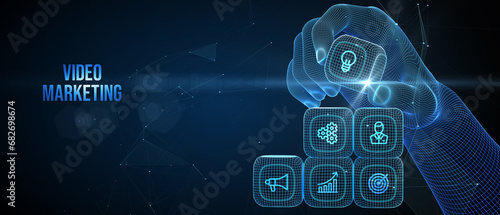 Video marketing and advertising concept on screen.  Business, Technology, Internet and network concept. 3d illustration