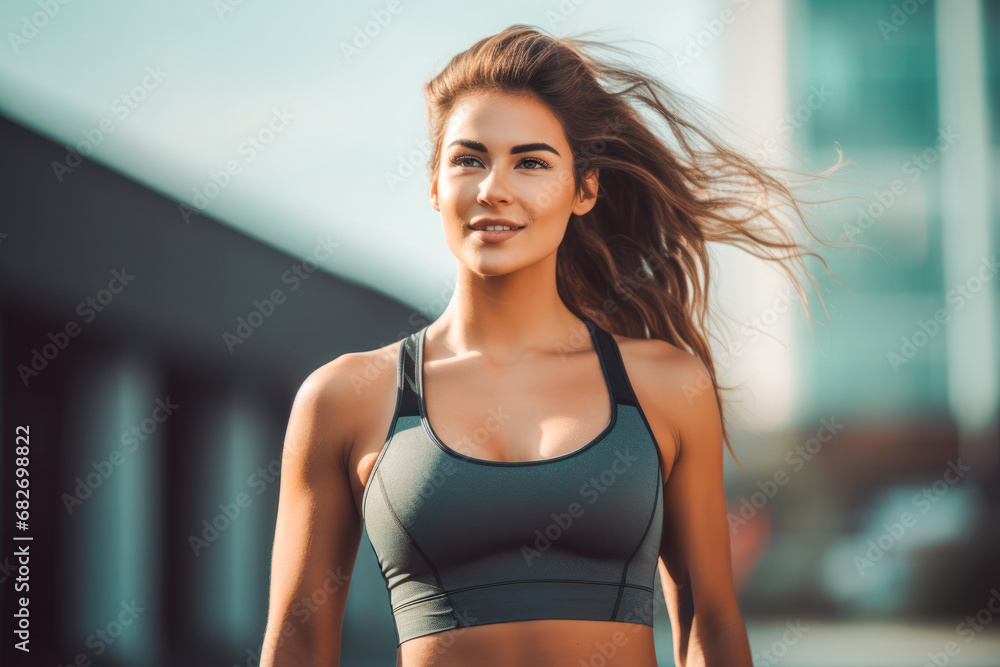 Young attractive athletic woman in sportswear standing outdoors with a blurred urban background