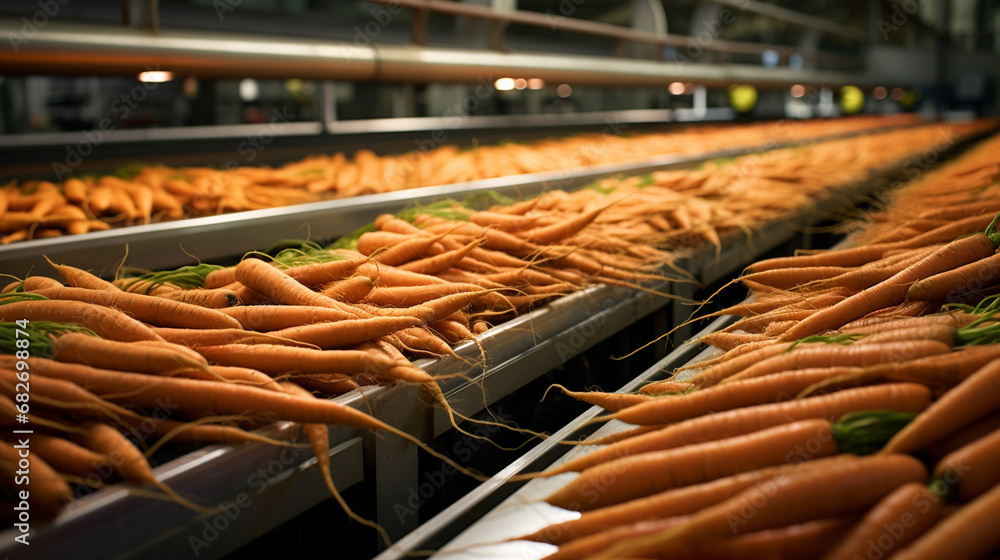 The carrots, ready for automatic packaging, are a symbol of hope, a reminder that even the most humble foods can bring a touch of sweetness to people's lives. AI Generated. - obrazy, fototapety, plakaty 