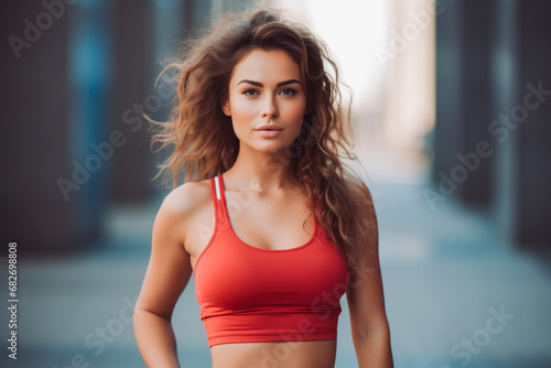 Young attractive athletic woman in sportswear standing outdoors with a blurred urban background © MVProductions