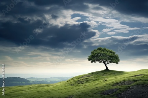 a lone tree on a lush green hillside with a beautiful stormy sky.