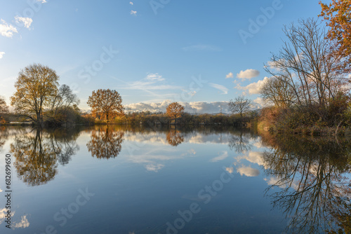Trees reflected in a flooded meadow after heavy rains. Autumn landscape.