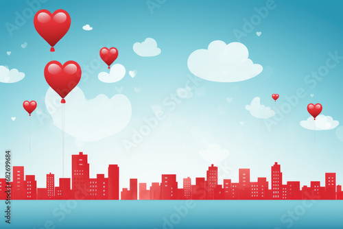 Heart balloons over a red cityscape. Love in the air