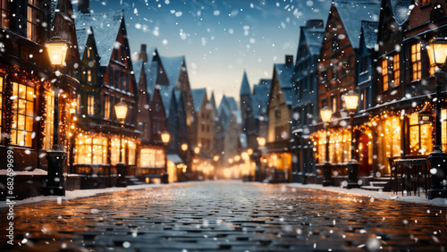 Glistening cobblestone street of a festive old town as snow gently falls in the evening photo