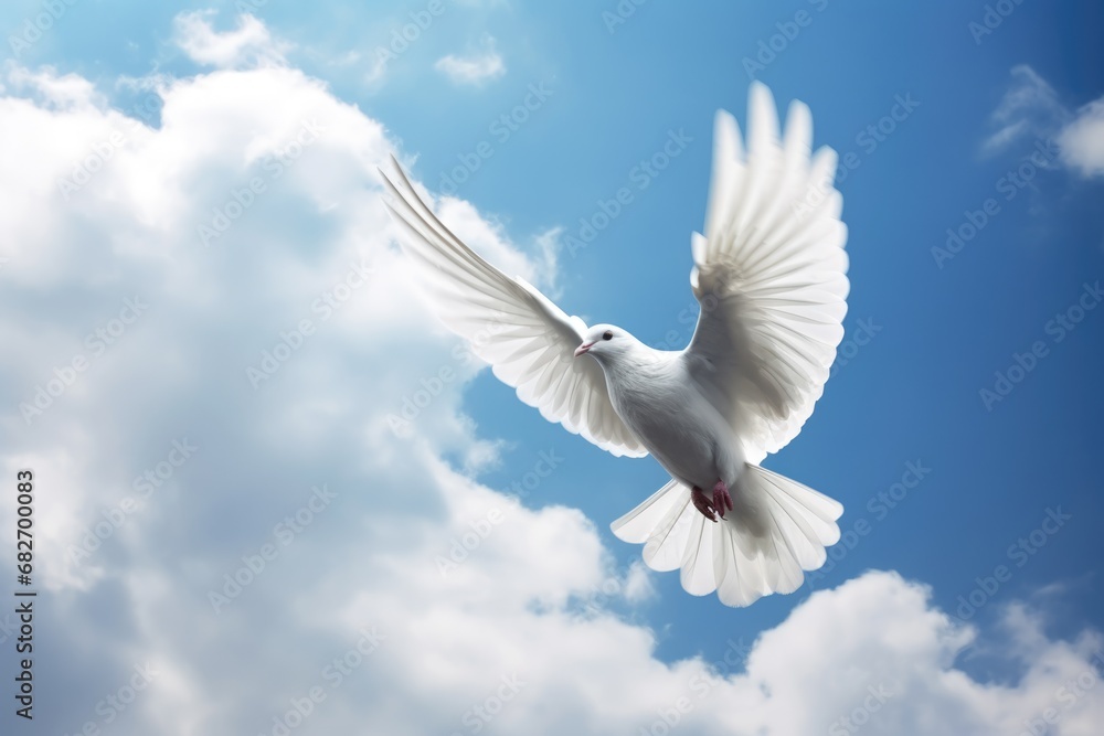 Obraz premium Holy spirit bird flies in blue sky, bright light shines from heaven. Flying white dove descends from sky. Christian symbol of Holy Spirit, peace