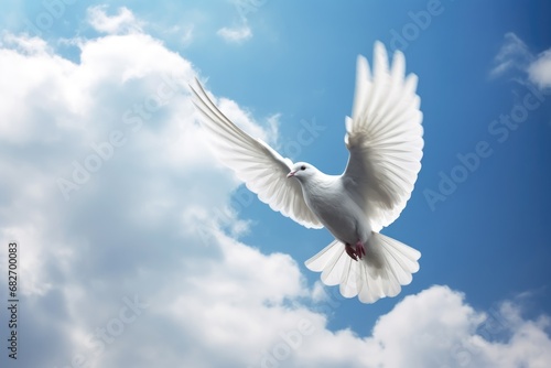 Holy spirit bird flies in blue sky, bright light shines from heaven. Flying white dove descends from sky. Christian symbol of Holy Spirit, peace