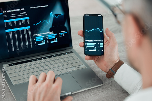 Laptop, smartphone and screen for stock market, businessman and finance or shares, broker and tech. Investment, trading and internet for update, check and mobile app for cryptocurrency growth photo