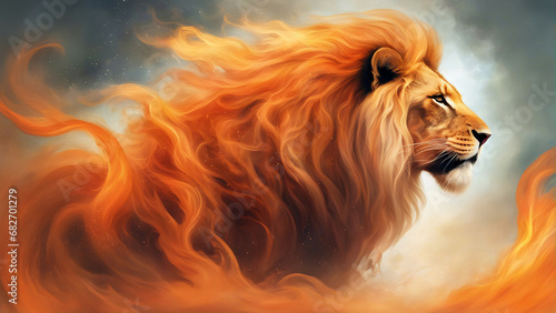 Fantasy portrait of a lion surrounded by orange smoke.	
