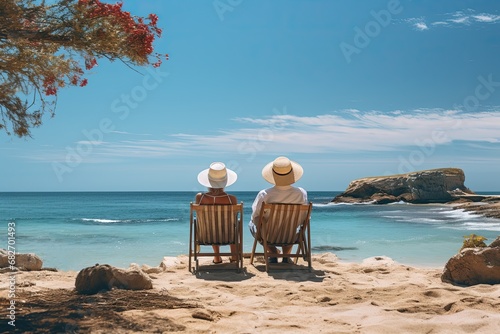 elderly couple sitting on sun lounger chair right on the beach by the sea