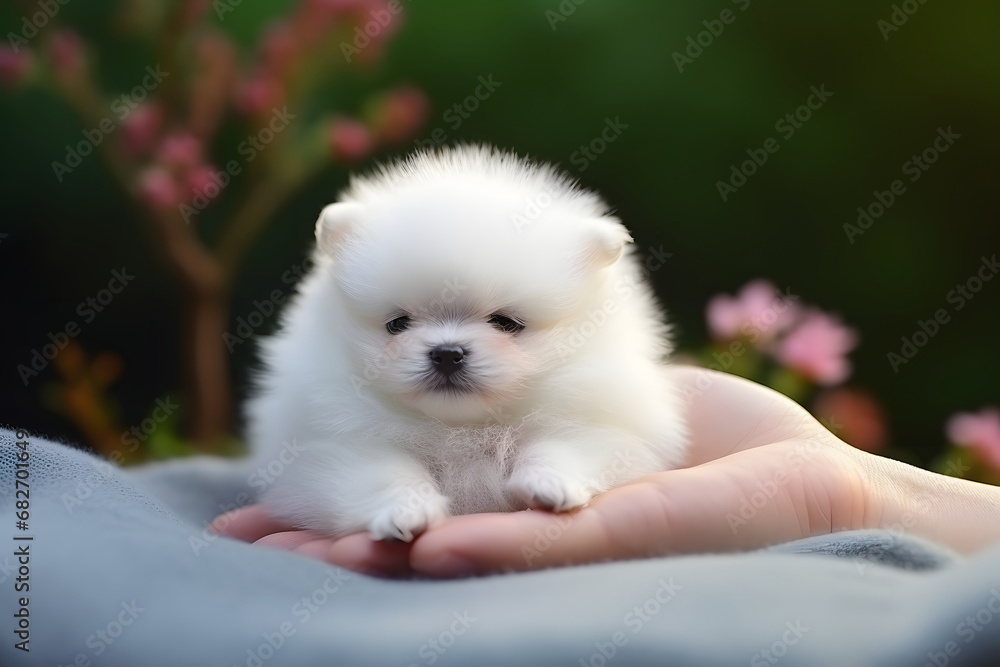 Fototapeta premium Little tiny new born white pomeranian