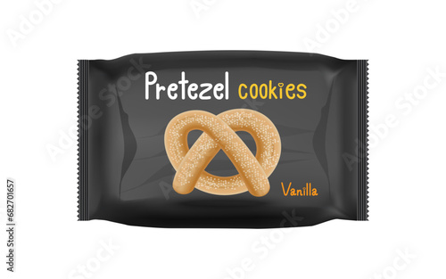 Salted pretzels in a black bag with crumbs next to it. Vector illustration in 3D style.