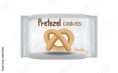 Salted pretzels in a white bag with crumbs next to it. Vector illustration in 3D style.
