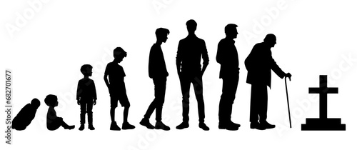 Vector illustration. Silhouette of growing up man from baby to old age. Many people of different ages in a row.