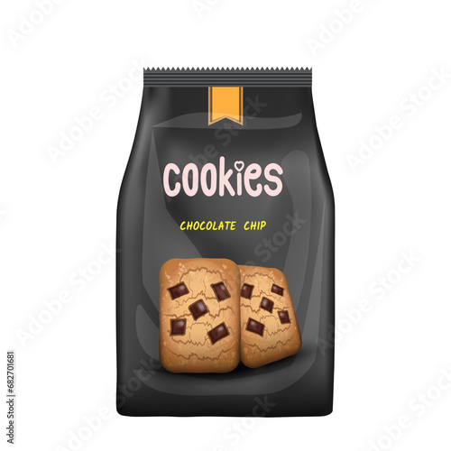Design black foil packaging template for chocolate chip cookies snack. 
Vector illustration EPS 10.