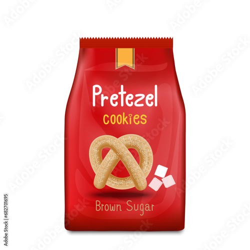Salted pretzels in a red bag with crumbs next to it. Vector illustration in 3D style.