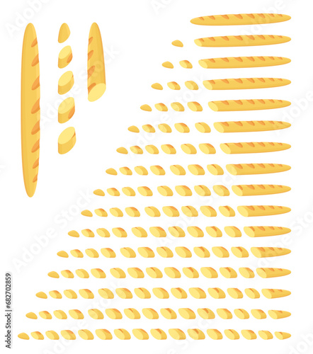 Slices of bread. Animation progression set. Cut baguette. Long to short. Vector flat.