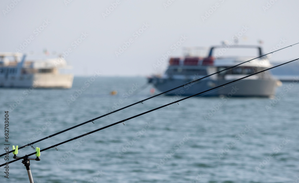 detail of tripod for fishing in front of the sea in the gulf of la spezia