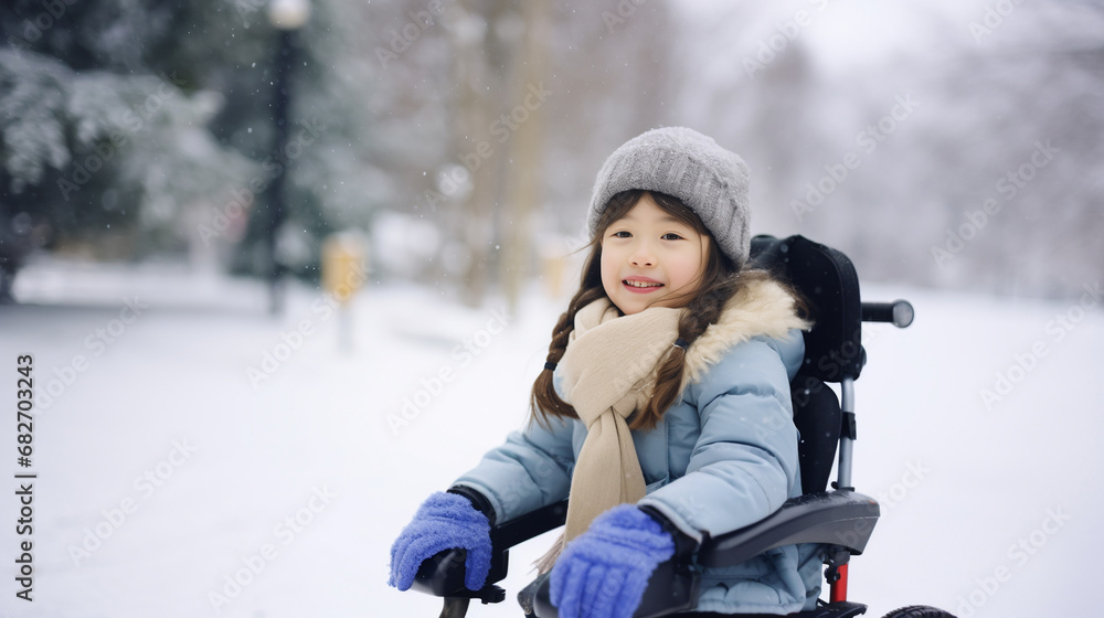 7 years old. Winter. There is a bright and cheerful cute girl on board Wheelchair in the park - Generative AI 7 years old. Winter. There is a bright and cheerful cute girl on board Wheelchair in the park - Generative AI