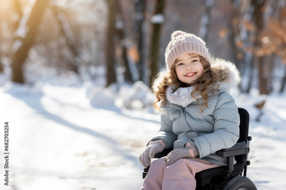 7 years old. Winter. There is a bright and cheerful cute girl on board Wheelchair in the park - Generative AI