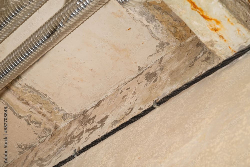 Damage ceiling from water pipelines leakage. Housing problem concept Damage ceiling from water pipelines leakage. Housing problem concept