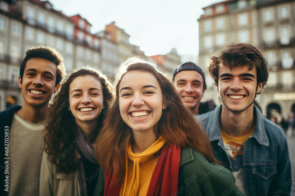 Group of joyful friends enjoying city life with bright smiles Group of joyful friends enjoying city life with bright smiles