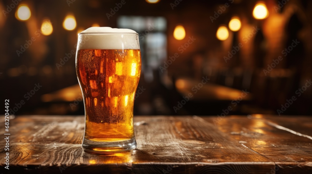 Glass of beer on wooden table