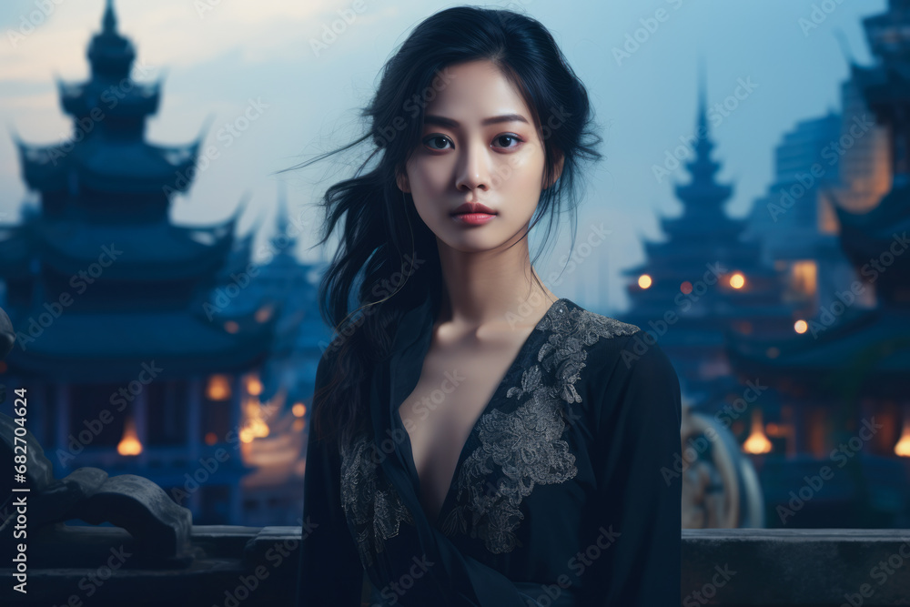 Portrait of an elegant Asian young woman with a cityscape background Portrait of an elegant Asian young woman with a cityscape background
