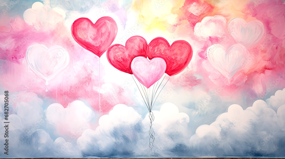 watercolor background with pink hearts and rose on cloud sky sun