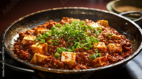 an image of a steaming plate of spicy mapo tofu with minced pork