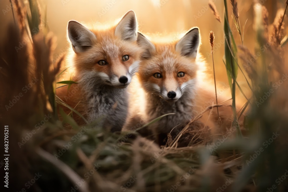 Two beautiful fox cubs in a meadow of golden crops. Two beautiful fox cubs in a meadow of golden crops.
