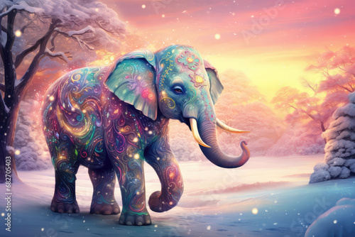elephant with surreal colorful art in the snow  beautiful winter scene