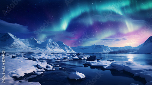 A vibrant aurora borealis, its ethereal lights dancing across the polar sky, as viewed from a snowy field - Generative AI © seogi