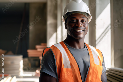 Smiling men bricklayer in work clothes on a construction site. Mason at work. Black men. African American man. Job. construction company. AI