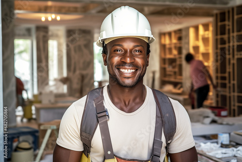 Smiling men bricklayer in work clothes on a construction site. Mason at work. Black men. African American man. Job. construction company. AI