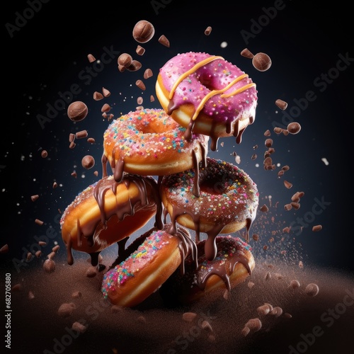Flying cute donuts with sprinkles on dark background.