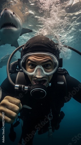 Selfie portrait of a diver underwater with a shark chasing him in the background, AI generated, background image © Hifzhan Graphics