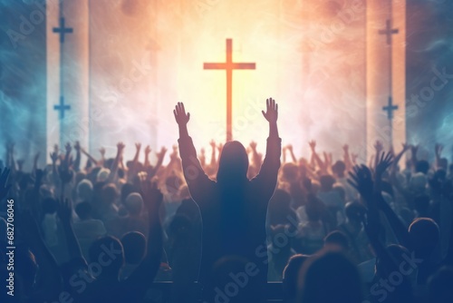 Church worship concept. Christians with raised hands pray and worship to the cross in church building. Salvation, gospel, faith, christian Easter, Good friday © jchizhe