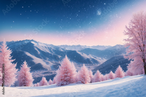 Winter fairy tale landscape in colours cobalt blue and pastel pink. Christmas card. Winter holiday season. Generative AI