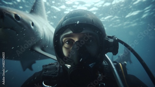 Selfie portrait of a diver underwater with a shark chasing him in the background, AI generated, background image