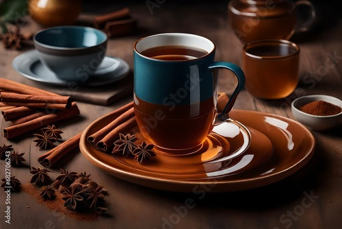 Generate a detailed and realistic 3D rendering of a close-up shot featuring a cup of tea and cinnamon placed on a wooden table