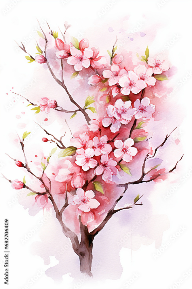 Blossoming Beauty: Stunning Watercolor Illustration of Cherry Blossom Branch