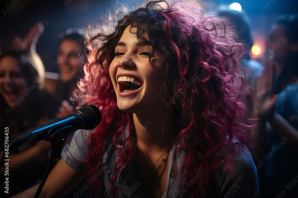 a group of diverse young friends singing at a karaoke party in a night club, laughing and having fun together, A beautiful girl sings into the microphone a group of diverse young friends singing at a karaoke party in a night club, laughing and having fun together, A beautiful girl sings into the microphone