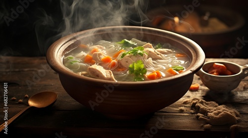 an image of a steaming bowl of classic chicken noodle soup with tender chicken and vegetables