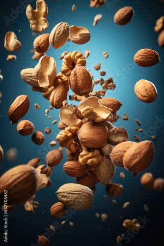 various nuts in the air on dark blue background.
